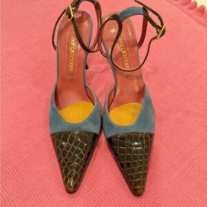 Sergio Rossi Blue and Brown Ankle Strap Heels